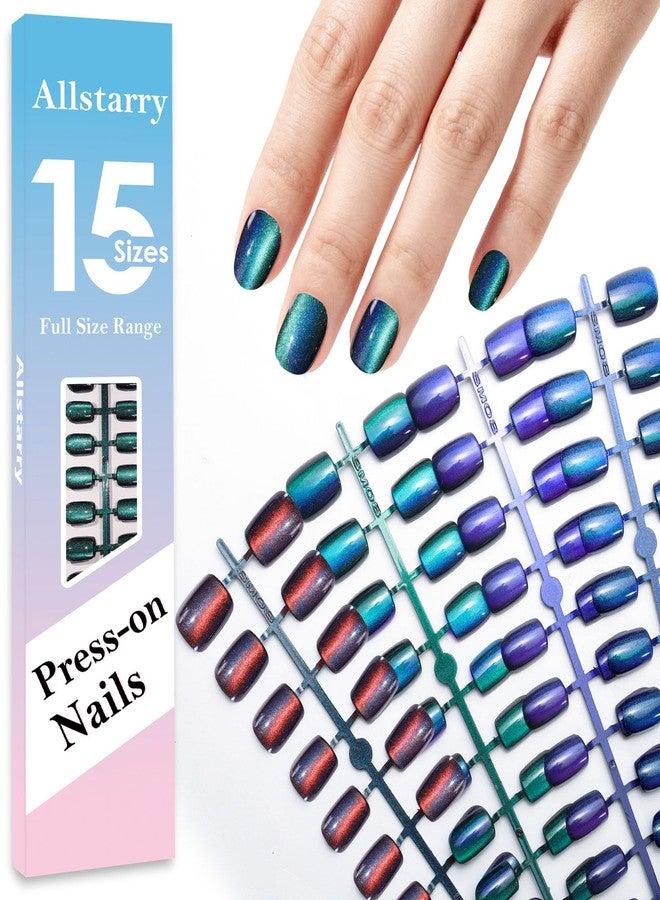 Allstarry Cat Eye Press on Nails, 15 Full Sizes Range Cat Eye Nails Press Ons 4 Changing Colors Cateye Presson Nail for Women 120pcs Chameleon Glossy Short Square Fake Nail Tips Stick DIY Salon - Image 1
